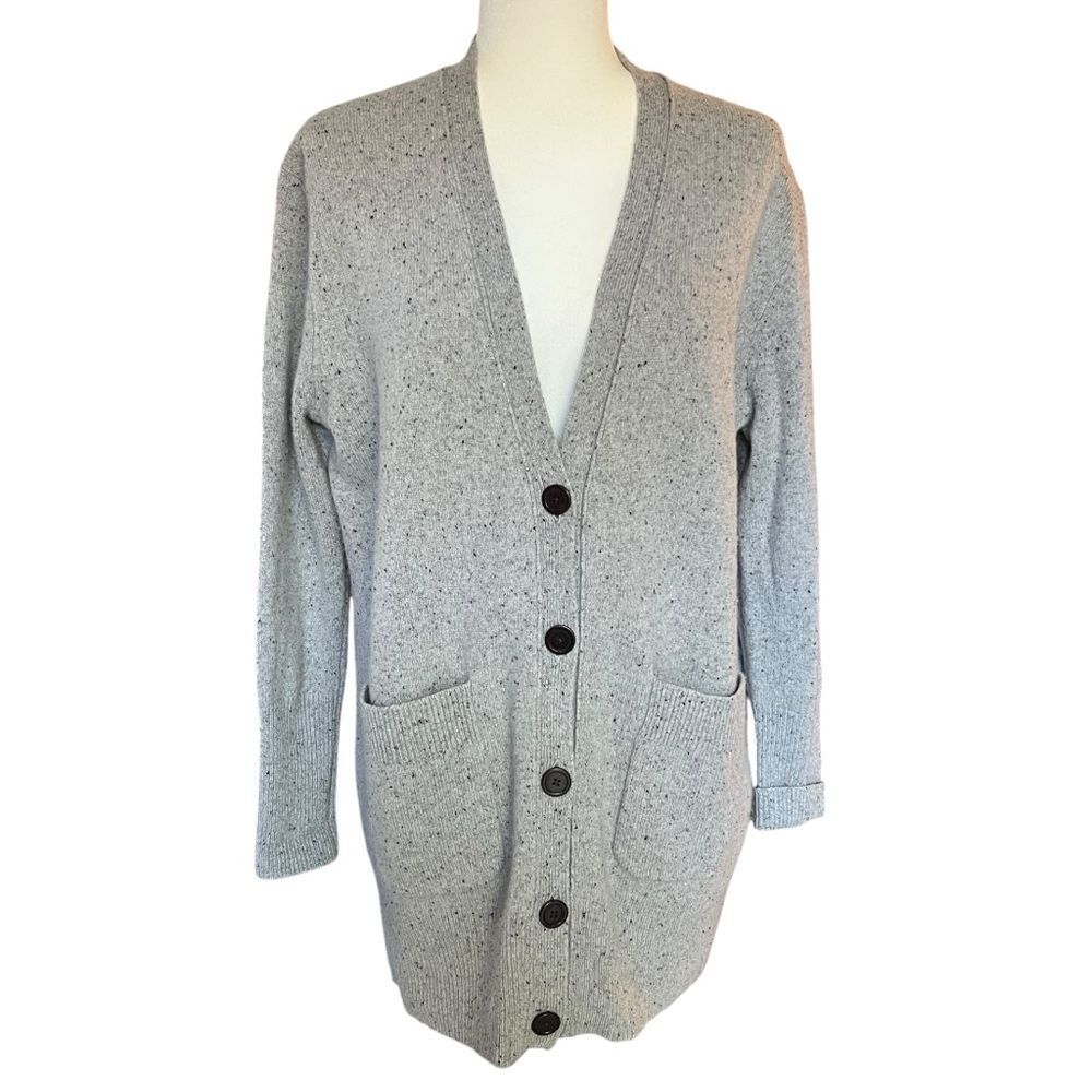 J Crew 100% Wool Long Donegal V Neck Cardigan Flecked Gray Womens Small